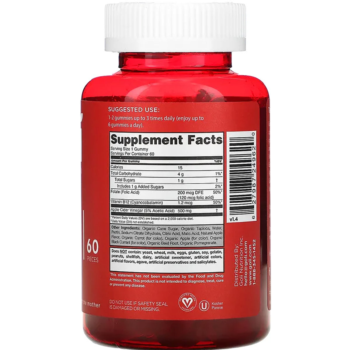 GOL002 | Back of red supplement bottle showing Supplement Facts panel, barcode, and 60 pieces label