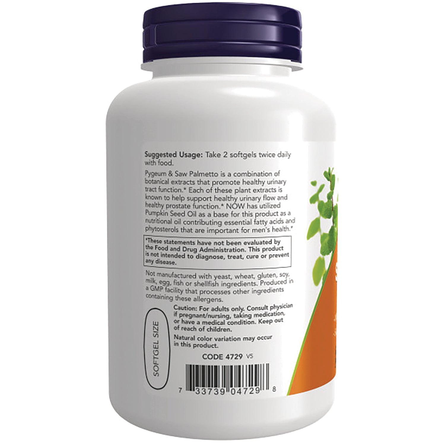 NWF936 | Back of white supplement bottle showing suggested usage, caution text, barcode, softgel size oval and plant graphic
