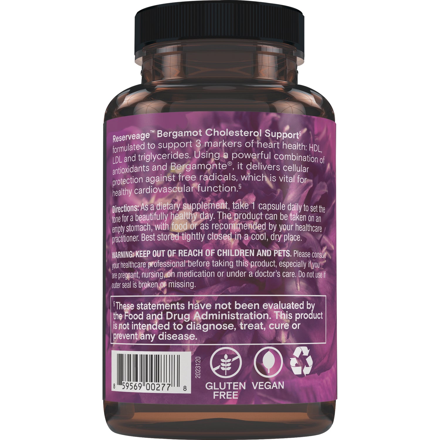 RSA023 | Back label of supplement bottle with directions, warnings, barcode, gluten free and vegan icons