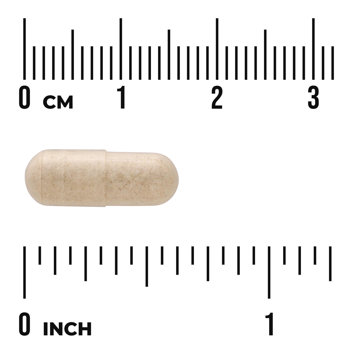SWU500 | Beige supplement capsule centered between centimeter and inch rulers showing about 2 cm length
