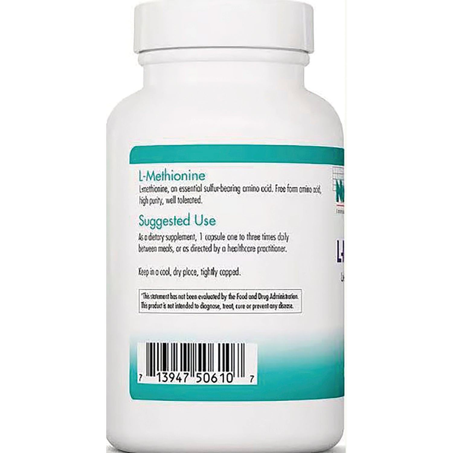 NCL107 | Back of white supplement bottle showing L-Methionine suggested use text, caution box and barcode