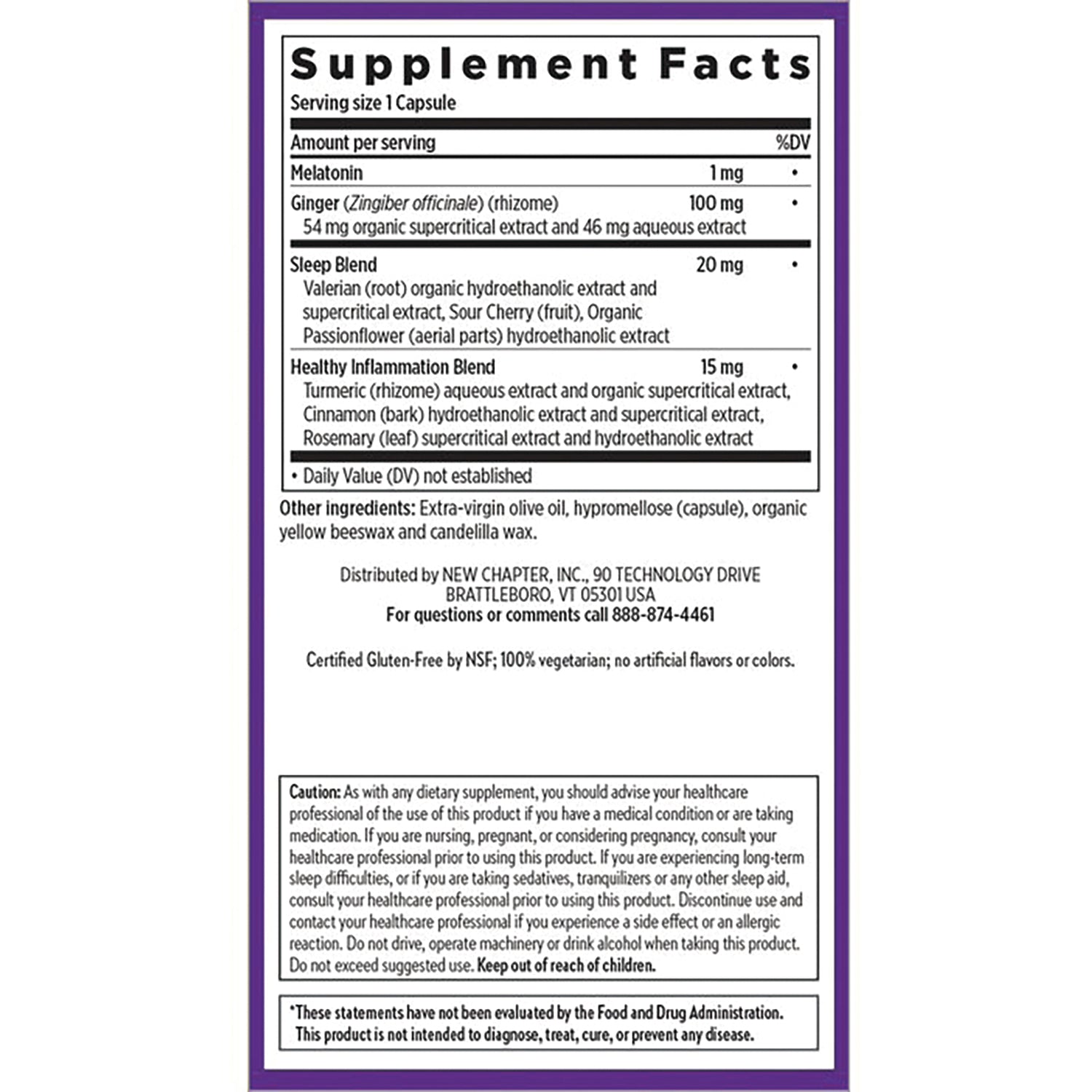 NWC359 | Supplement Facts back label for sleep supplement showing ingredients, serving size, warnings, and distributor info
