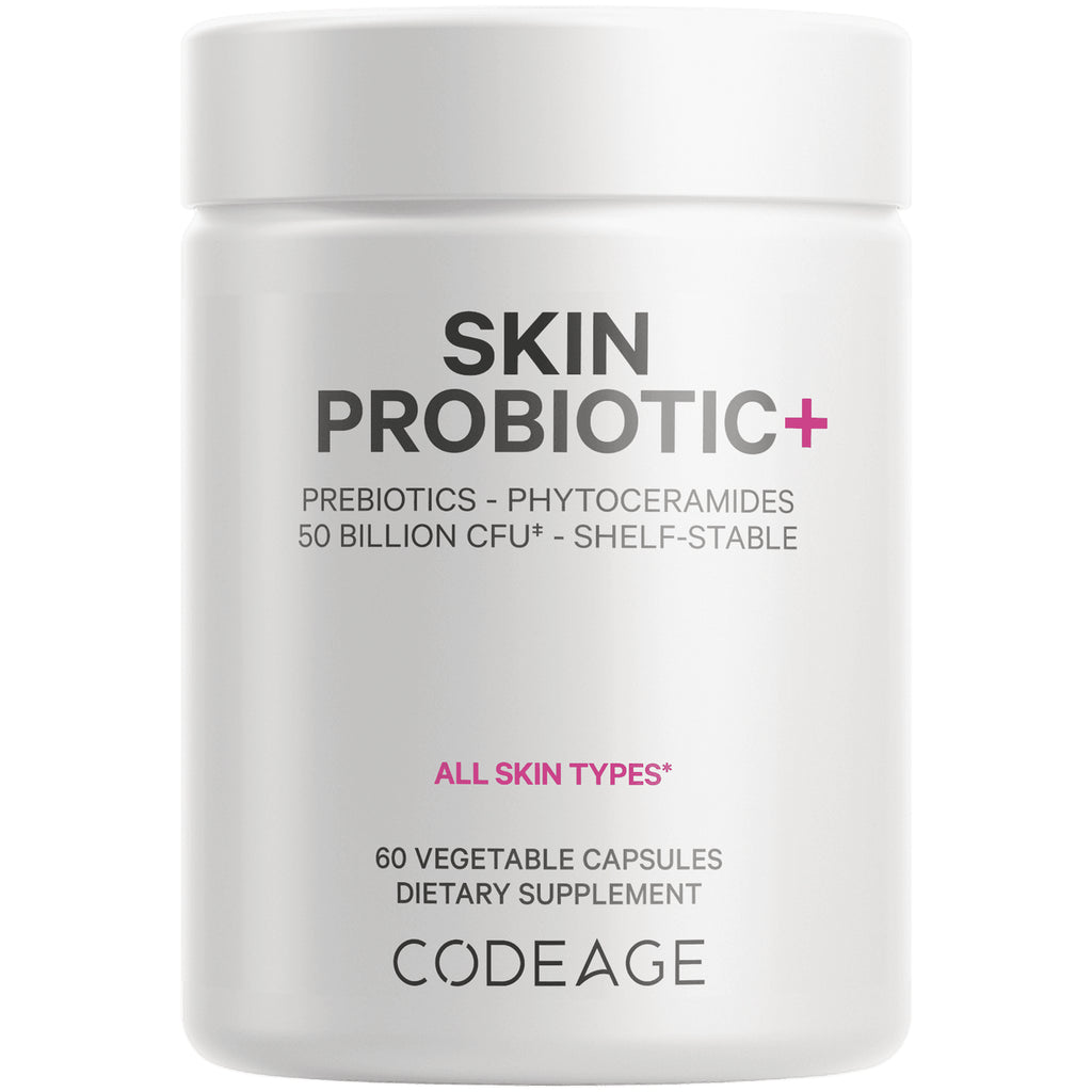 CDG053 | White bottle labeled SKIN PROBIOTIC+ dietary supplement, 60 vegetable capsules, CODEAGE front view - Thumbnail
