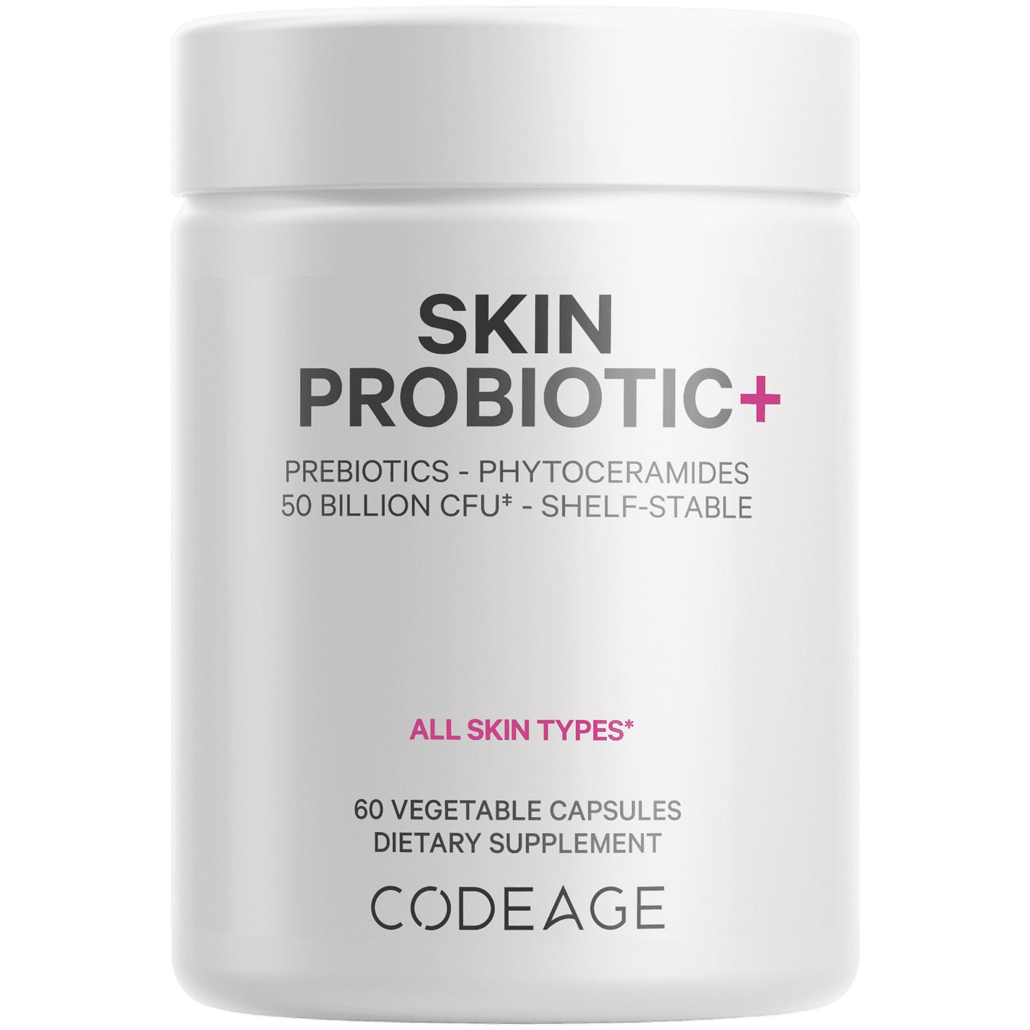 CDG053 | White bottle labeled SKIN PROBIOTIC+ dietary supplement, 60 vegetable capsules, CODEAGE front view