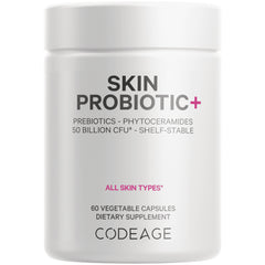 CDG053 | White bottle labeled SKIN PROBIOTIC+ dietary supplement, 60 vegetable capsules, CODEAGE front view