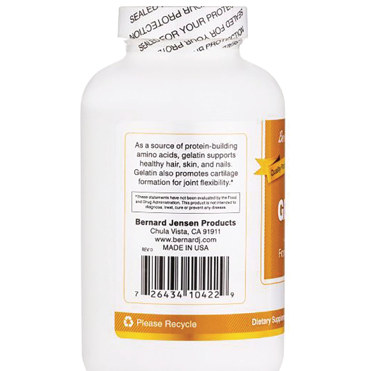 BJ020 | Back of white supplement bottle showing barcode, Bernard Jensen Products label and please recycle band