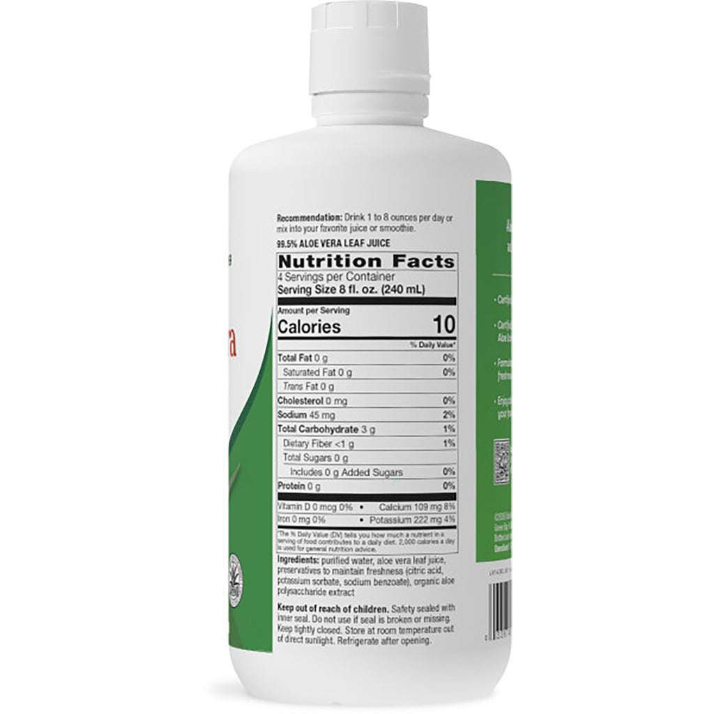 NW715 | Back of white bottle showing Nutrition Facts panel, ingredients and serving information for aloe vera leaf juice - Thumbnail