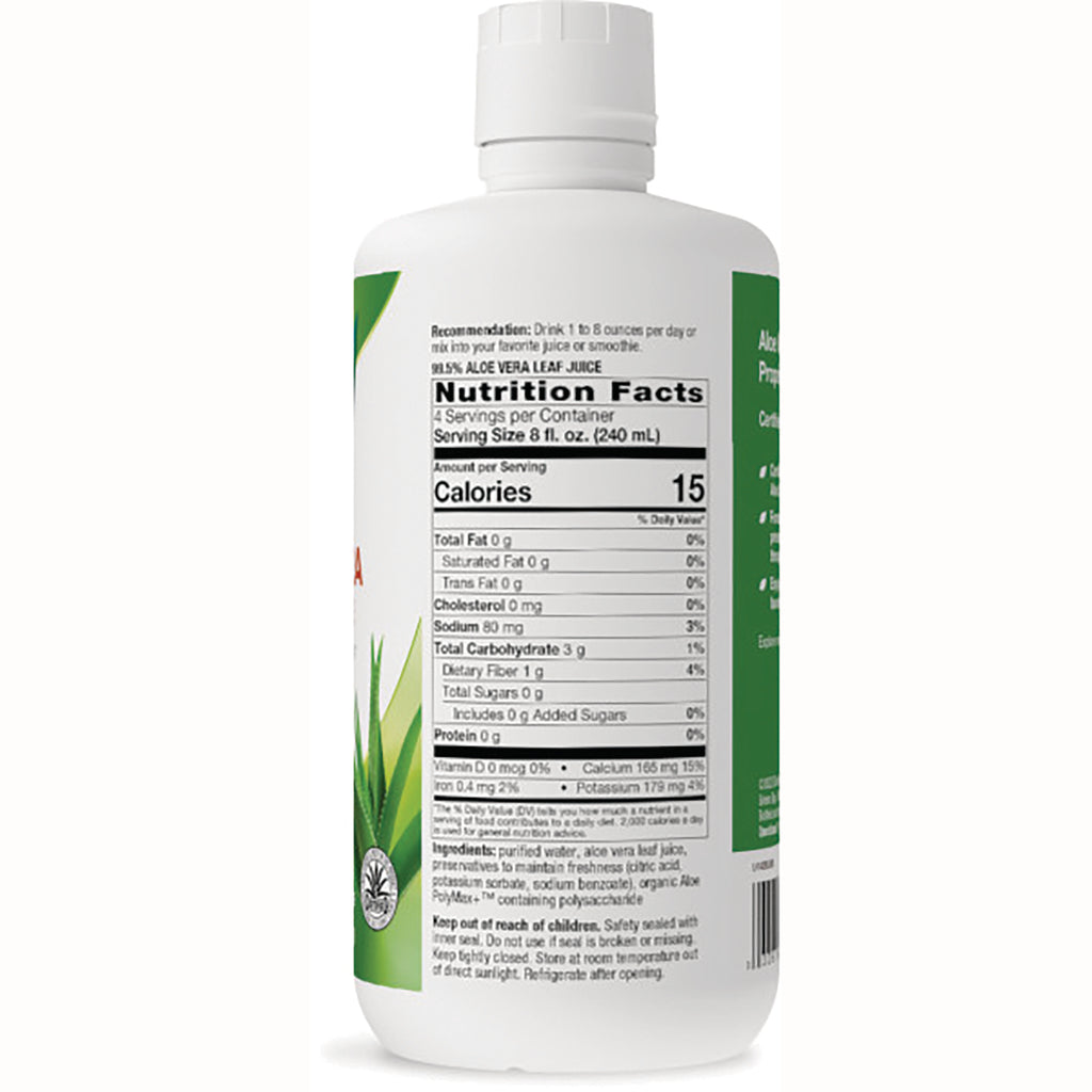 NW715 | Back of white bottle showing Nutrition Facts panel, ingredients and serving information for aloe vera leaf juice - Thumbnail