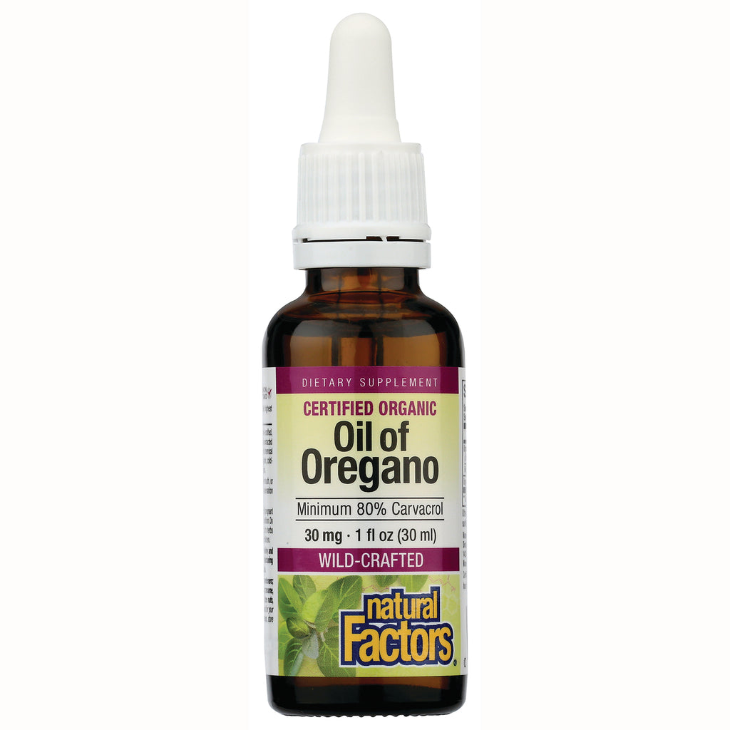 NFC075 | amber dropper bottle of Natural Factors Certified Organic Oil of Oregano, 1 fl oz labeled Minimum 80% Carvacrol - Thumbnail