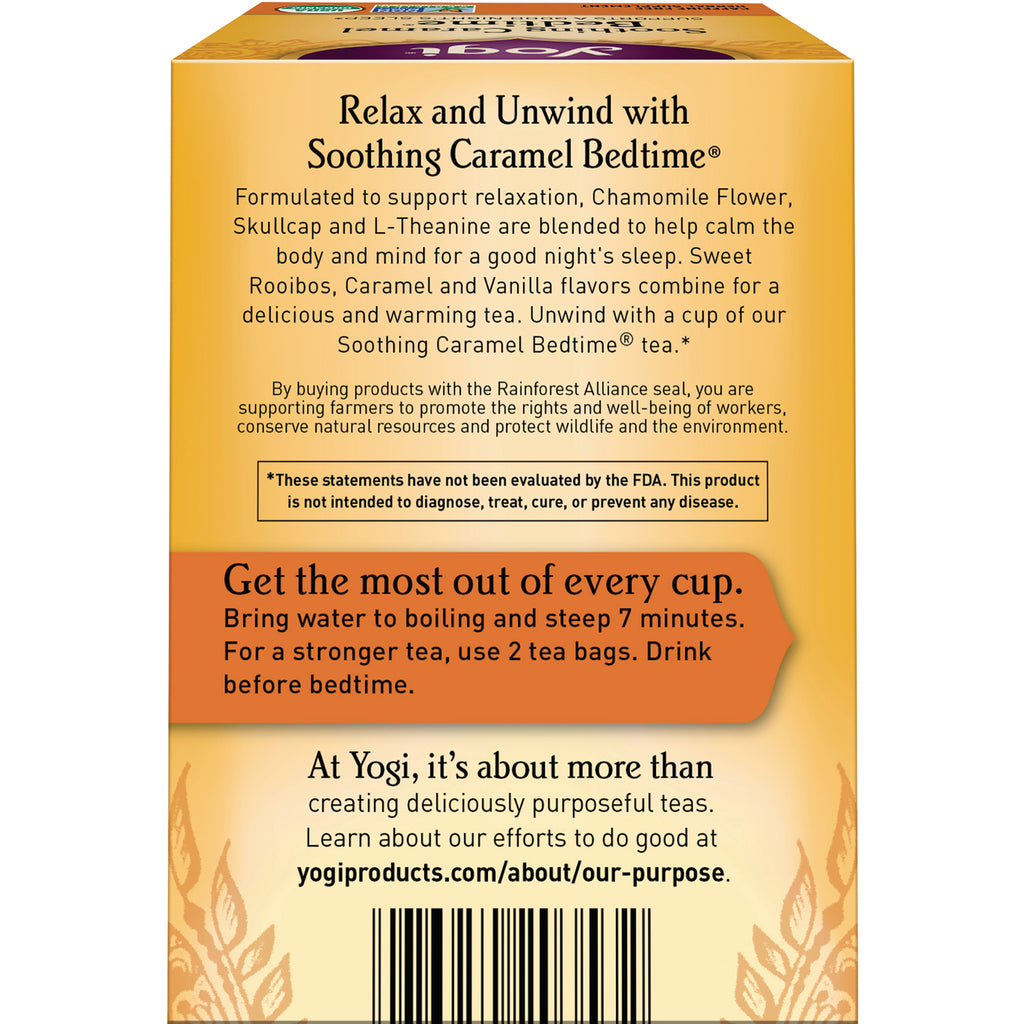 AHW054 | Back panel of Yogi Soothing Caramel Bedtime tea box with brewing tips, FDA disclaimer and barcode - Thumbnail