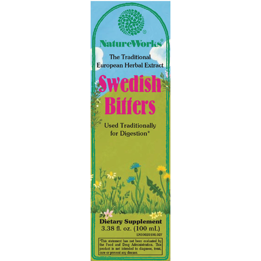 NR001 | NatureWorks Swedish Bitters box front, dietary supplement 3.38 fl oz used traditionally for digestion - Thumbnail