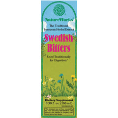NR001 | NatureWorks Swedish Bitters box front, dietary supplement 3.38 fl oz used traditionally for digestion