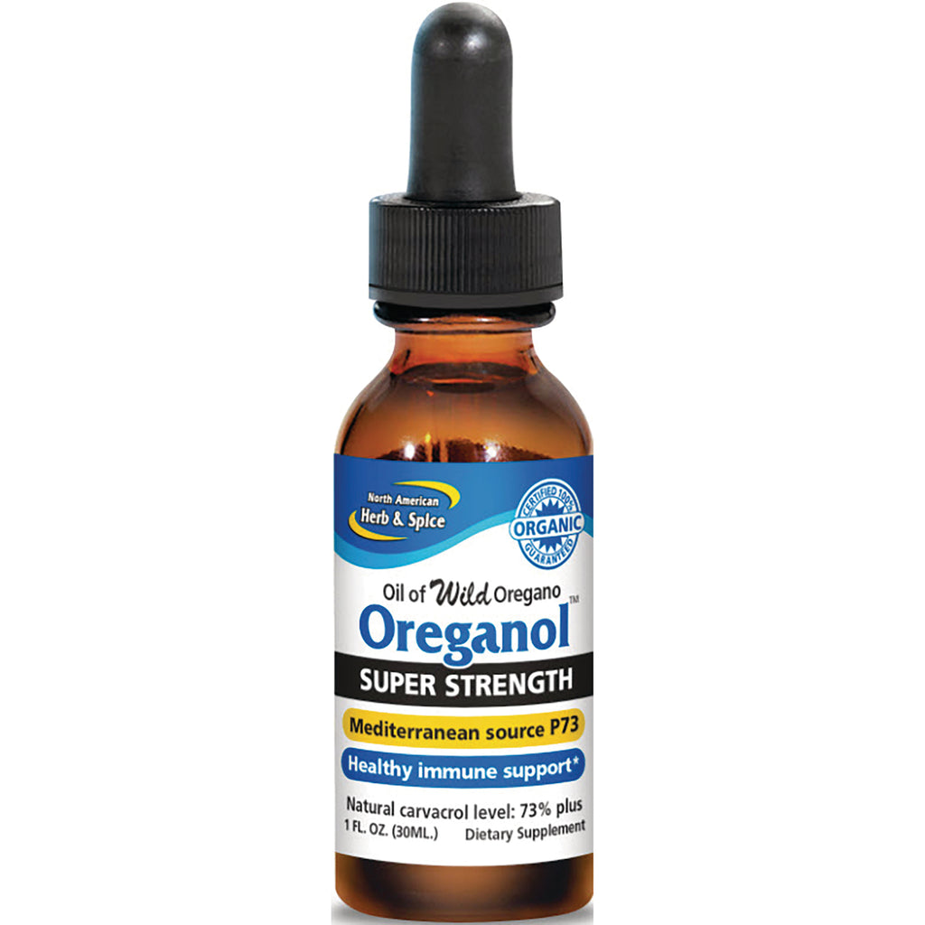 NHS004 | Amber dropper bottle labeled Oreganol Super Strength oil of wild oregano, Mediterranean source P73, 1 fl oz - Thumbnail