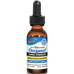 NHS004 | Amber dropper bottle labeled Oreganol Super Strength oil of wild oregano, Mediterranean source P73, 1 fl oz