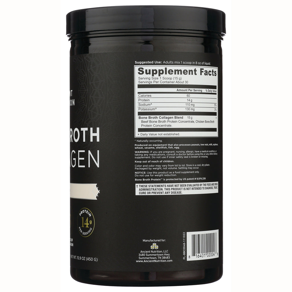 ATN014 | Back label showing Supplement Facts panel, nutrition facts text and barcode on black collagen container - Thumbnail