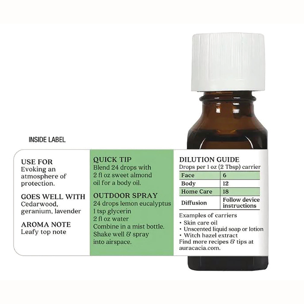 ARC036 | Back label of amber essential oil bottle showing dilution guide, uses and a quick tip - Thumbnail