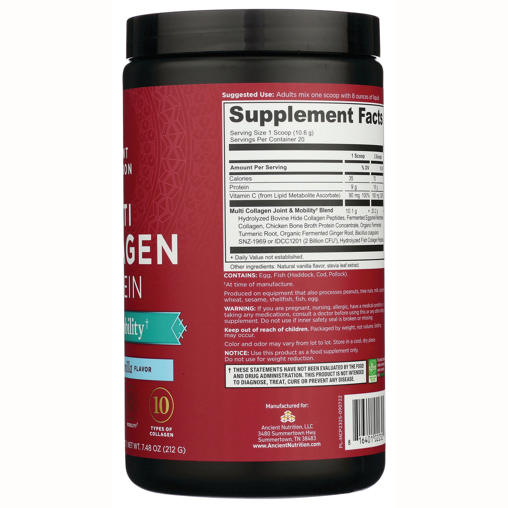 ATN049 | Supplement Facts panel, ingredients and warning text on the back of a red collagen powder tub - Thumbnail