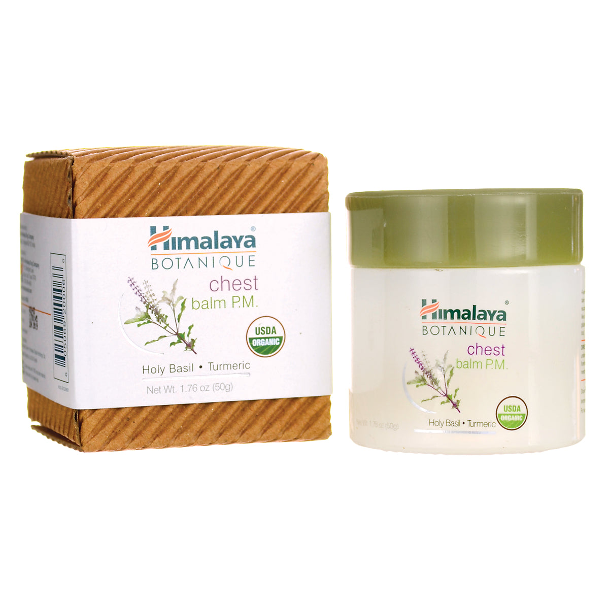 HHH047 | Himalaya Botanique chest balm P.M. jar and cardboard box labeled Holy Basil Turmeric USDA Organic