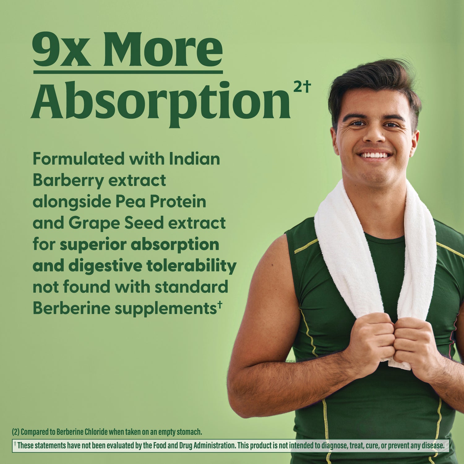 MGF151 | 9x More Absorption infographic with product benefits text and smiling man holding a towel