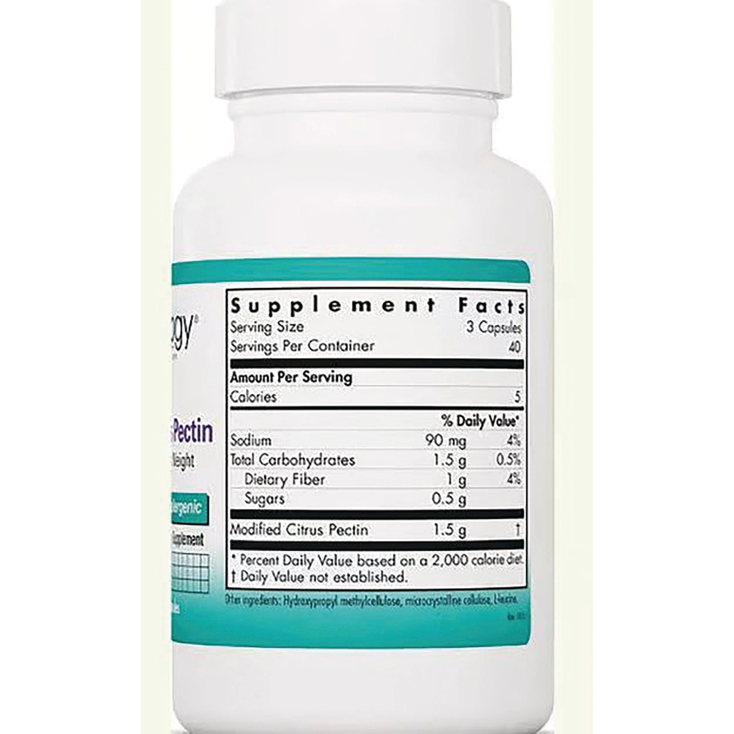 NCL053 | back of white supplement bottle showing Supplement Facts label and nutrition facts for modified citrus pectin