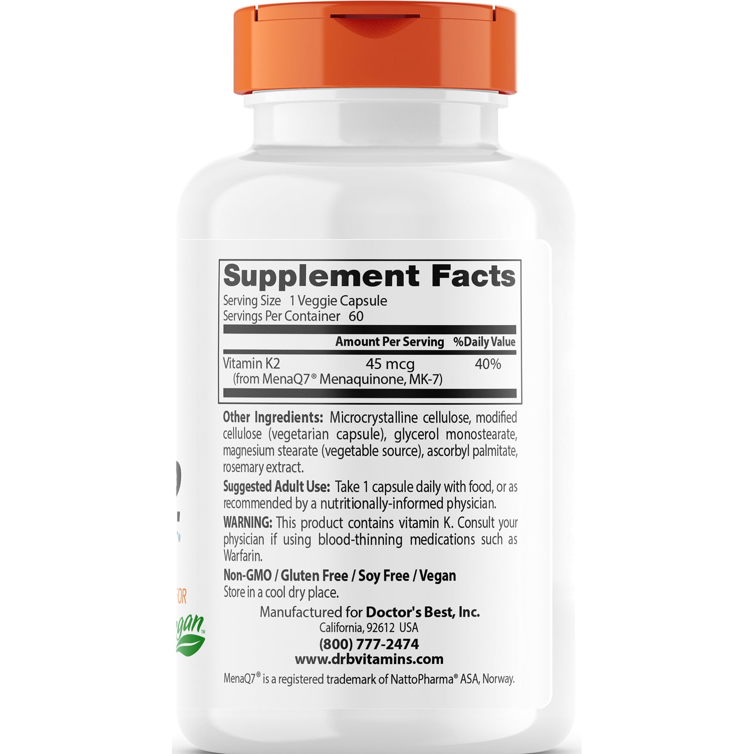 DB164 | Back label showing Supplement Facts panel, ingredients, suggested use and manufacturer contact