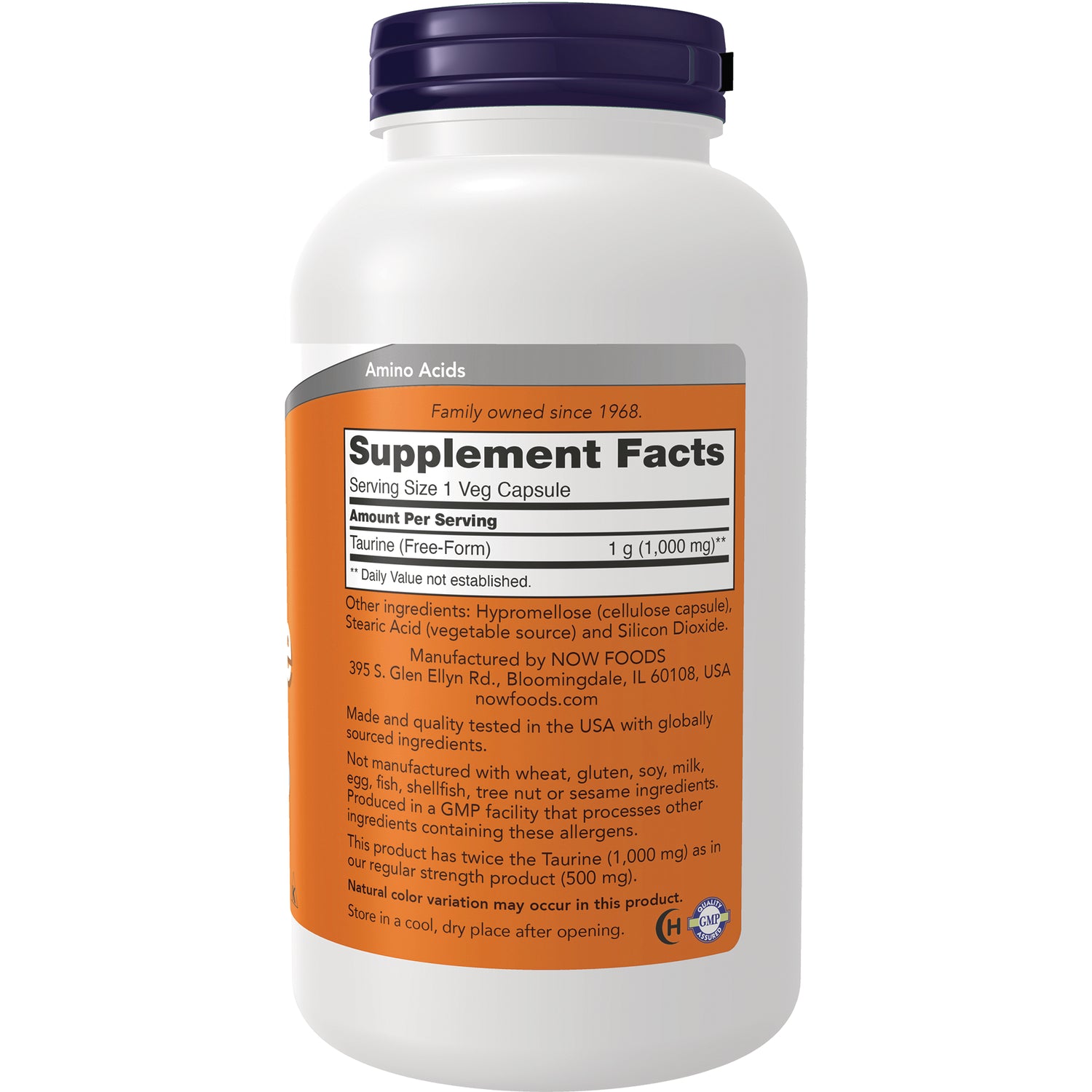 NWF1107 | Supplement facts and ingredient panel on white bottle showing Taurine 1 g per serving and manufacturer info