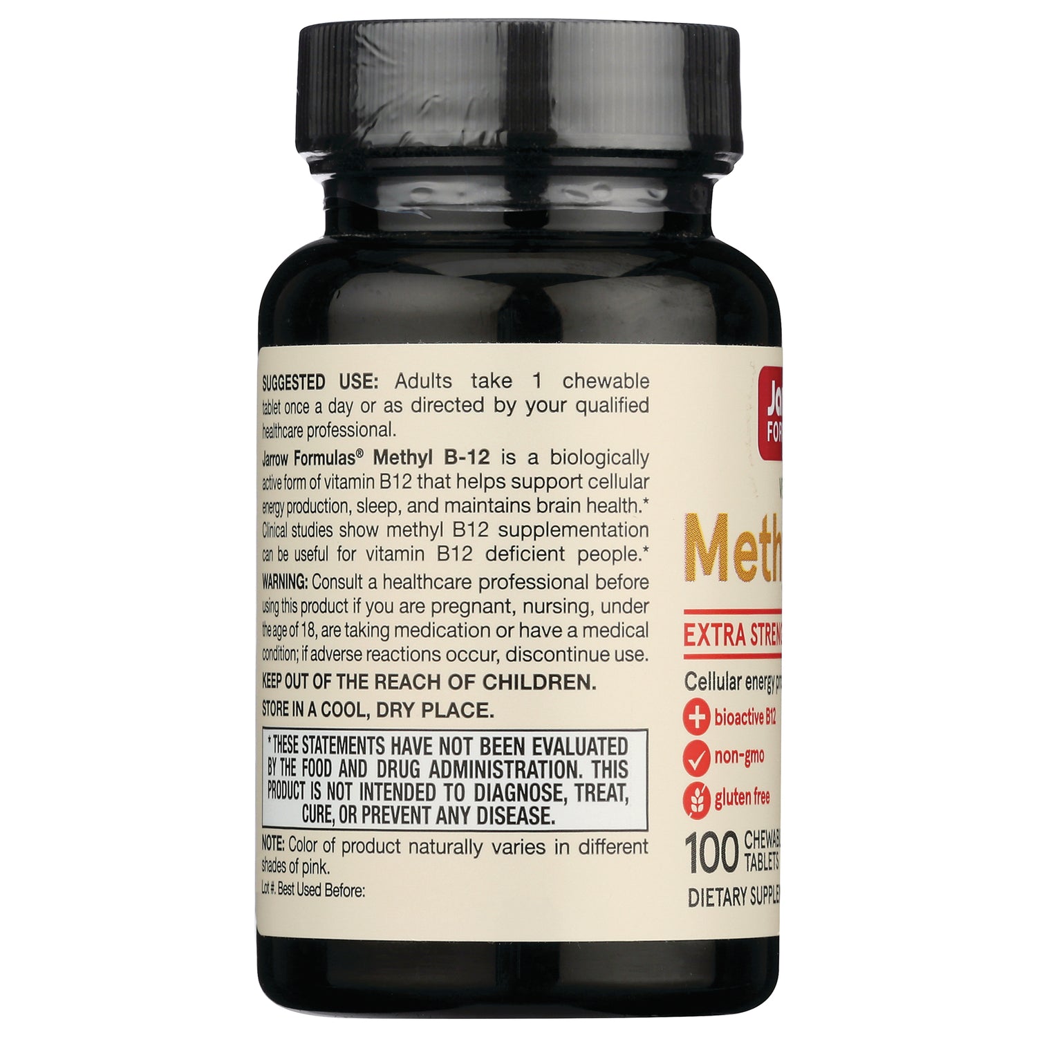 JR029 | Back label of supplement bottle showing suggested use, warnings, FDA disclaimer and 100 chewable tablets