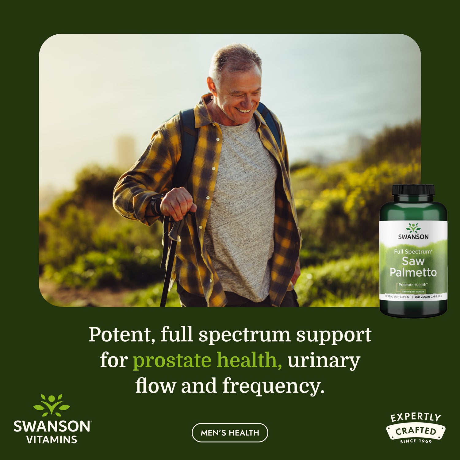SW910 | Swanson Saw Palmetto supplement ad with hiker and product bottle, supports prostate health