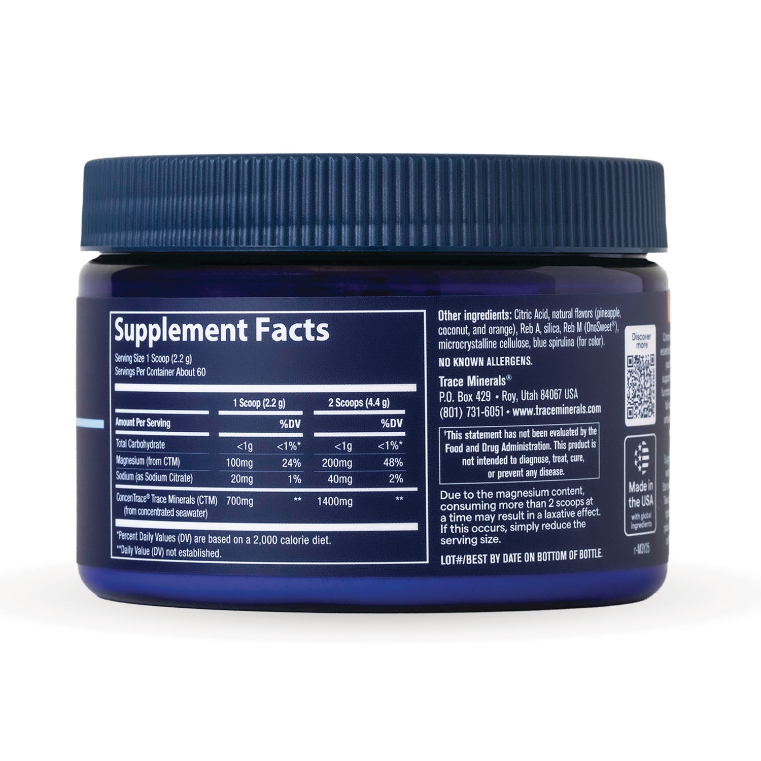 TM167 | Back of blue supplement jar with Supplement Facts panel and ingredients, barcode and QR on label