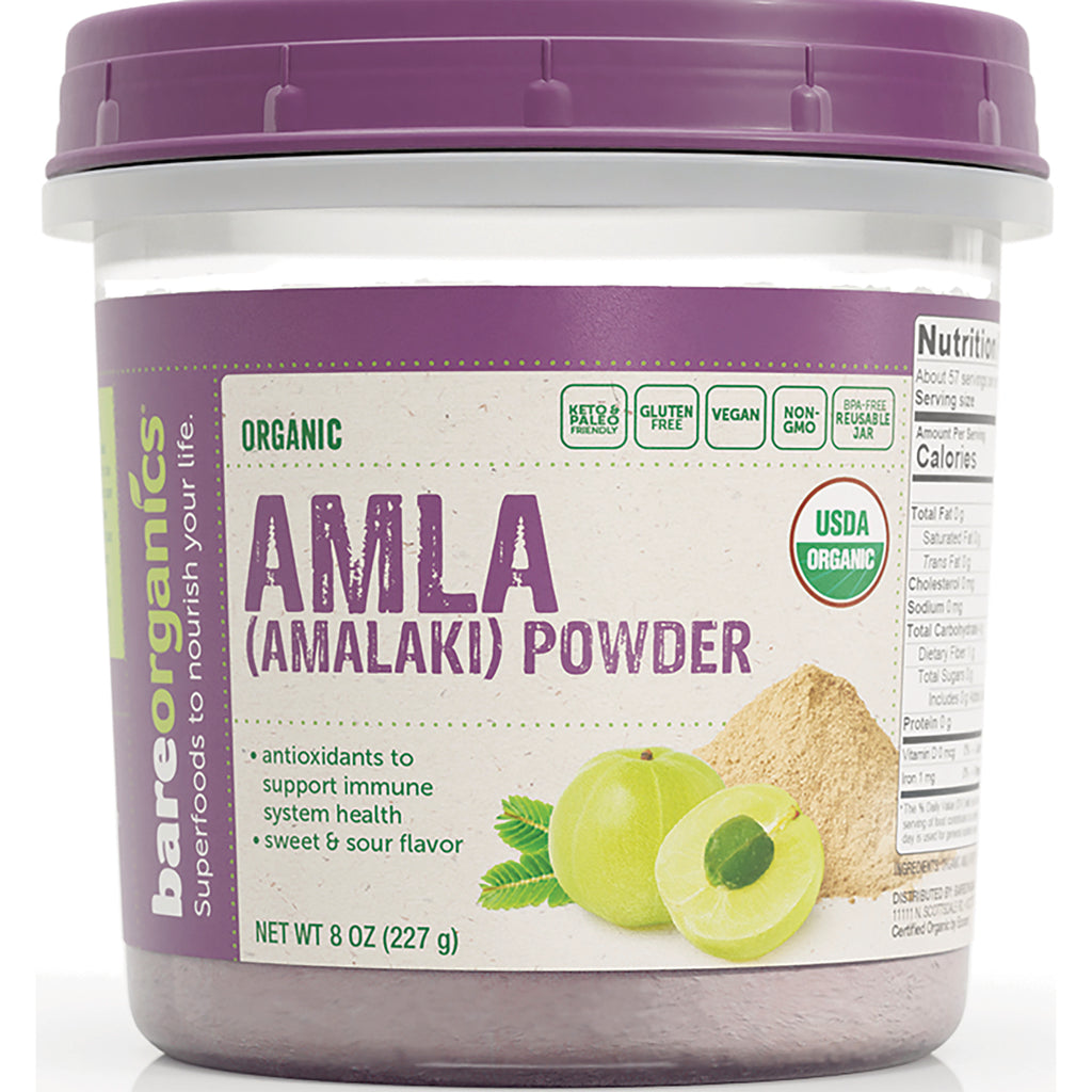 BOR023 | Front label of bareOrganics Organic Amla (Amalaki) Powder tub showing USDA Organic seal and fruit illustration - Thumbnail