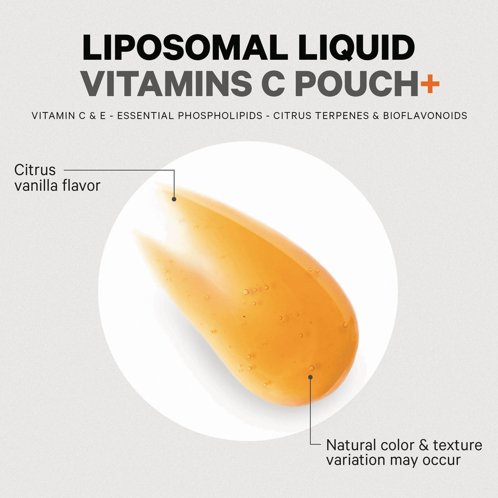 CDG069 | Product infographic showing an orange liposomal liquid vitamin C pouch labeled citrus vanilla flavor and note about natural color variation - Thumbnail