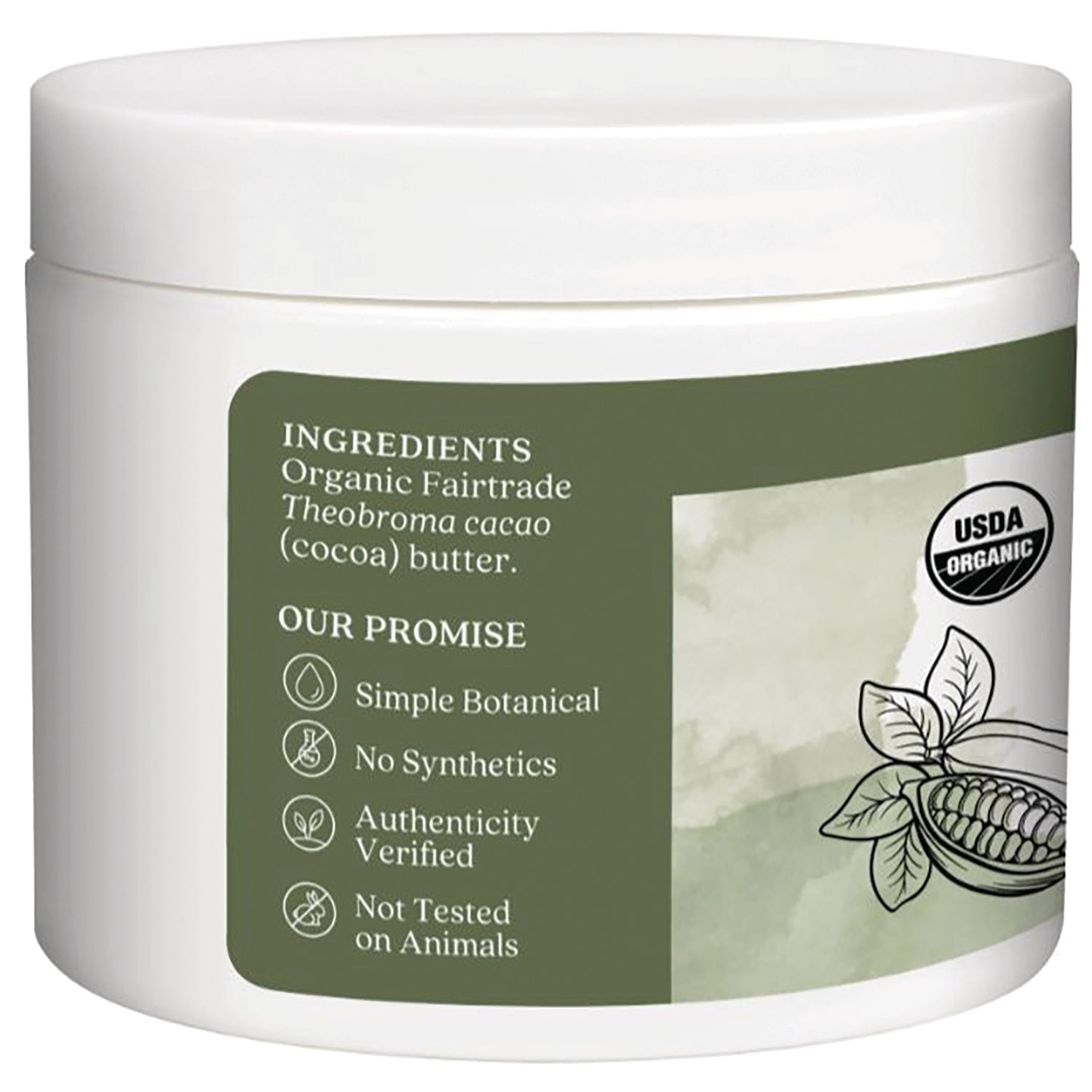 ARC186 | Back label showing ingredients text 'Organic Fairtrade Theobroma cacao (cocoa) butter' and Our Promise icons with USDA Organic seal