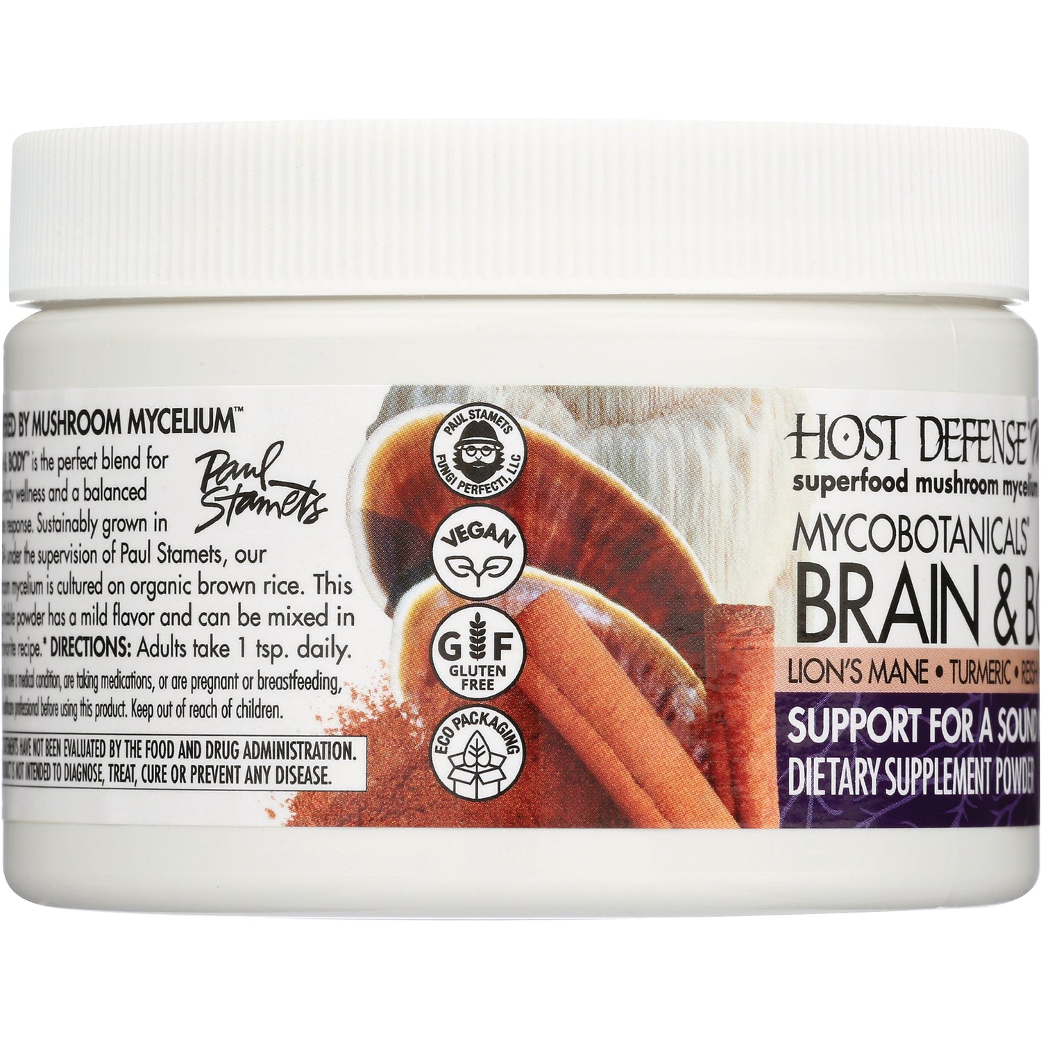 FUN034 | jar label reading HOST DEFENSE Brain & Body with mushroom photo and icons labeled VEGAN GLUTEN FREE ECO PACKAGING