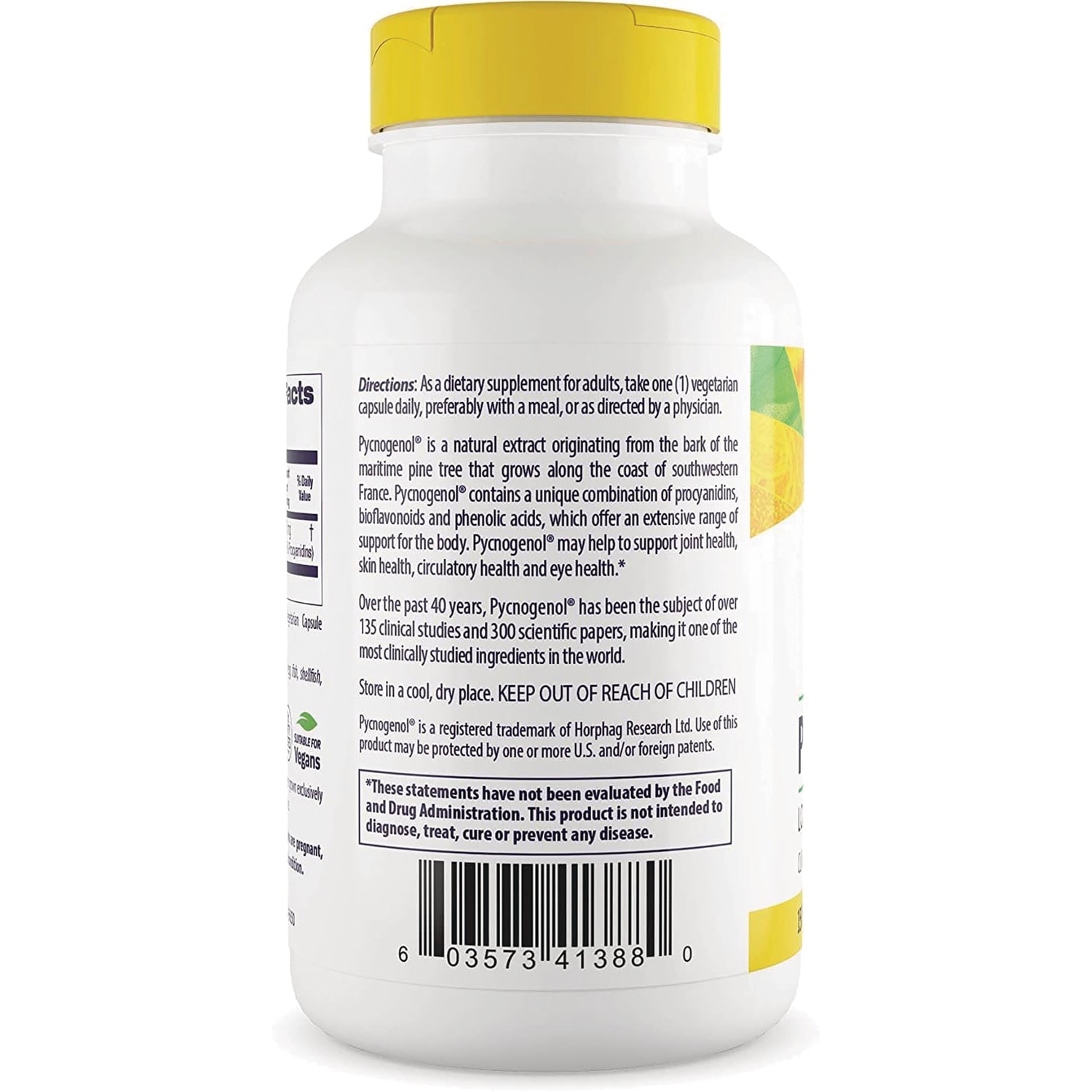 HRG080 | Back of white supplement bottle with yellow cap showing directions, warnings, barcode and KEEP OUT OF REACH OF CHILDREN