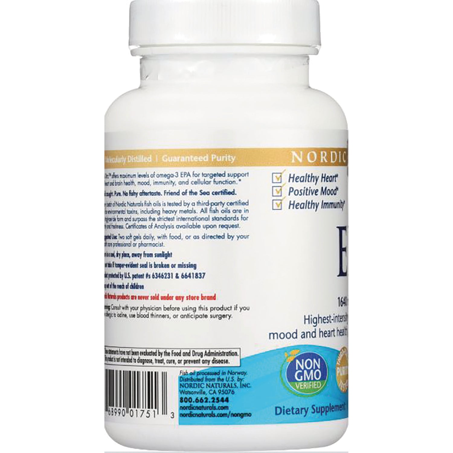 NRN013 | back label of white dietary supplement bottle showing checkmarks for Healthy Heart, Positive Mood, Healthy Immunity and Non-GMO badge