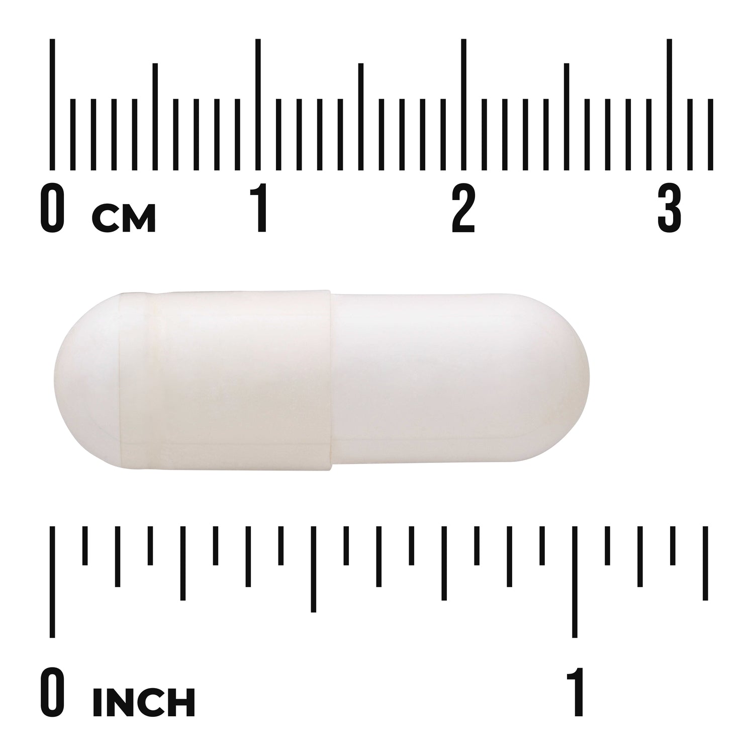 SW1713 | White capsule shown with cm and inch rulers for size reference