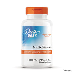 DB174 | Doctor's Best Nattokinase white bottle with orange cap labeled Supports Cardiovascular Health, 2000 FUs, 270 veggie caps