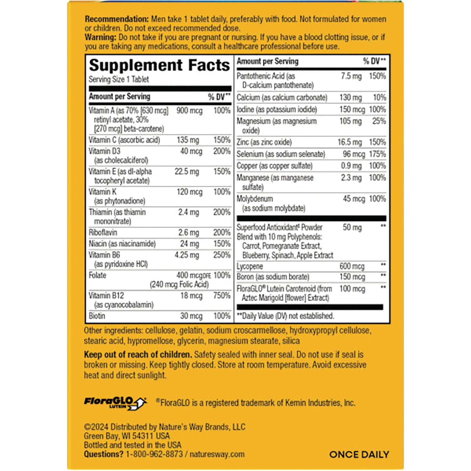 NW1012 | Supplement Facts panel, warnings, ingredients and storage instructions on yellow product back label