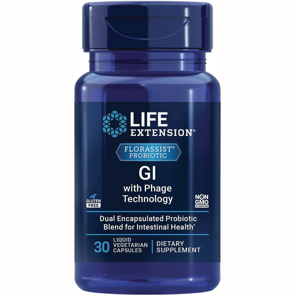 LE454 | Life Extension FLORASSIST GI probiotic bottle with phage technology, 30 liquid vegetarian capsules dietary supplement - Thumbnail
