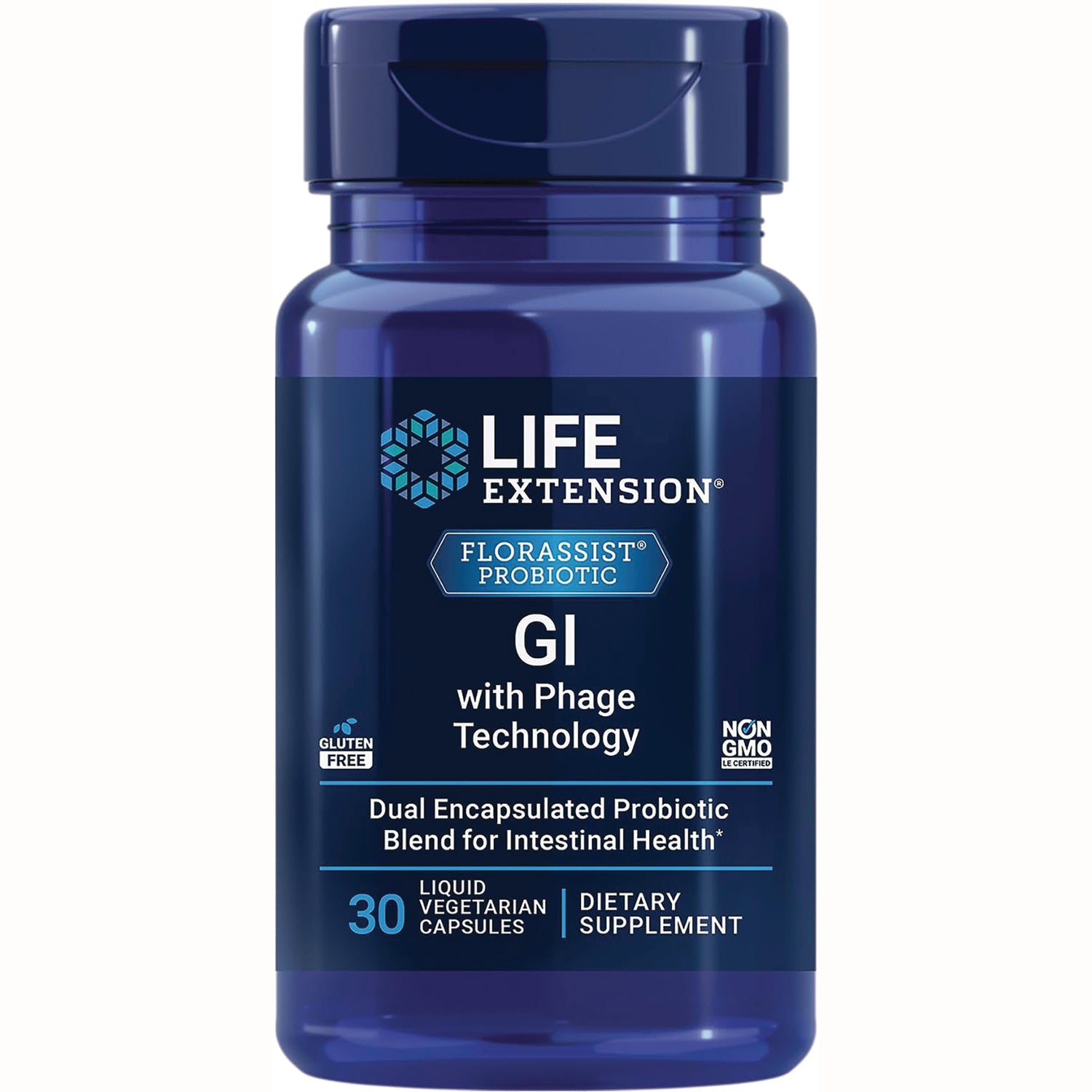 LE454 | Life Extension FLORASSIST GI probiotic bottle with phage technology, 30 liquid vegetarian capsules dietary supplement