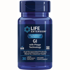 LE454 | Life Extension FLORASSIST GI probiotic bottle with phage technology, 30 liquid vegetarian capsules dietary supplement