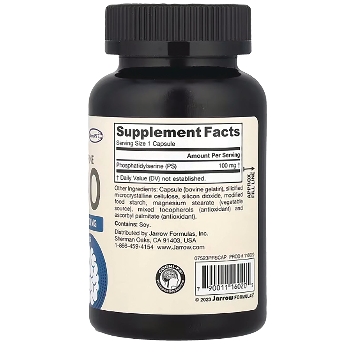 Supplement facts label on black supplement bottle showing serving size 1 capsule and Phosphatidylserine 100 mg