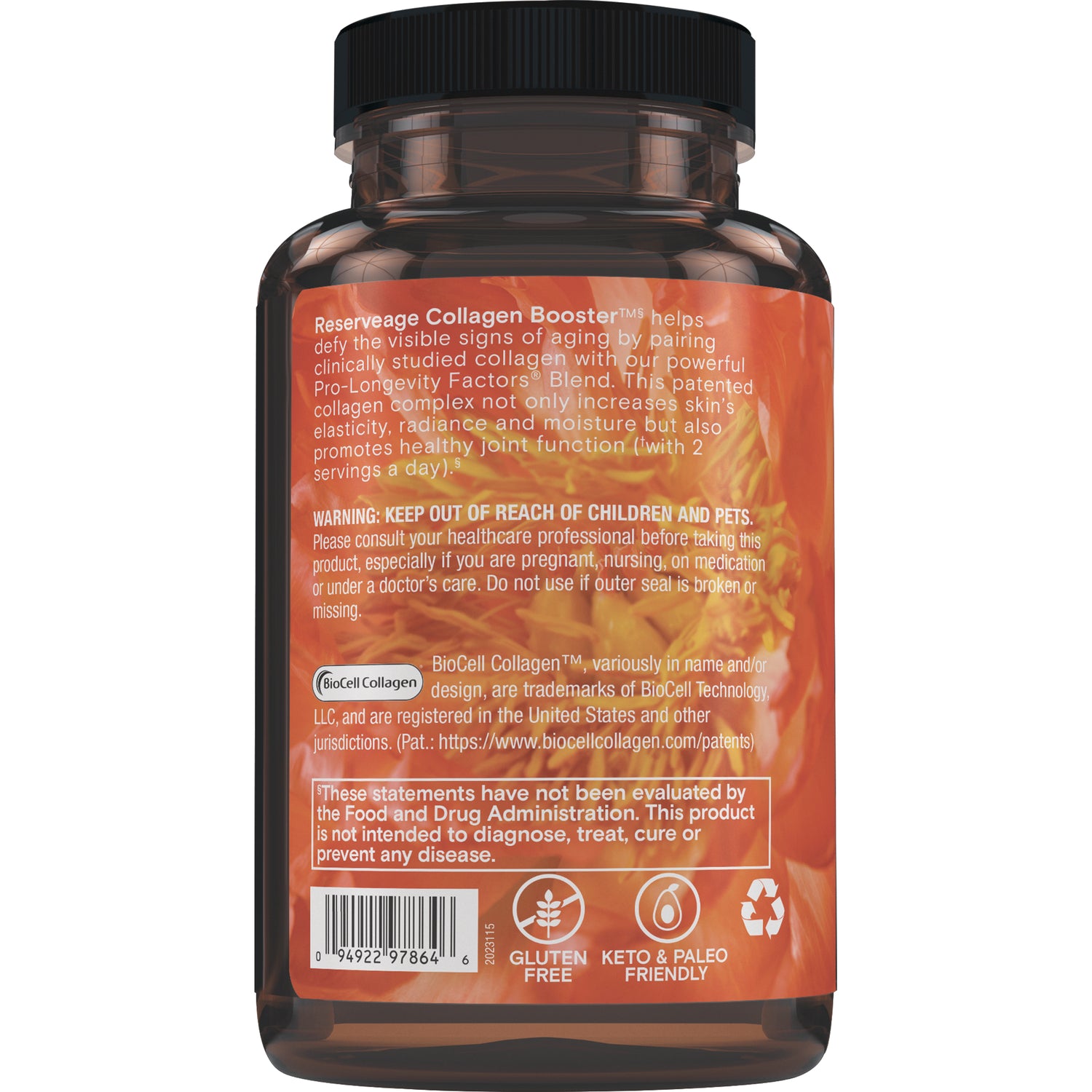 RSA001 | Back label of amber supplement bottle with warnings, ingredient text, barcode and gluten free, keto & paleo icons