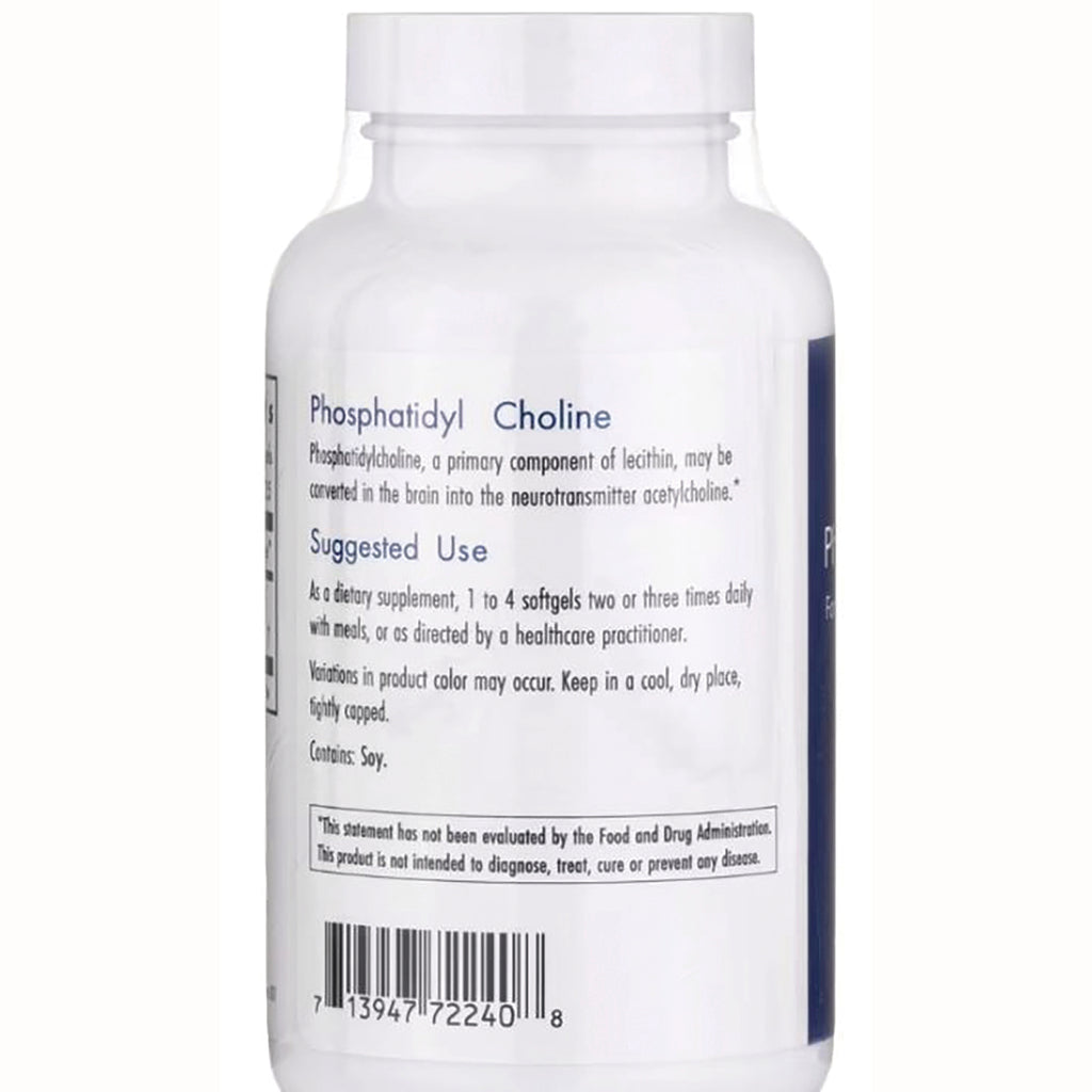 ARG075 | Back of white supplement bottle showing Phosphatidyl Choline label, suggested use, warnings and barcode - Thumbnail