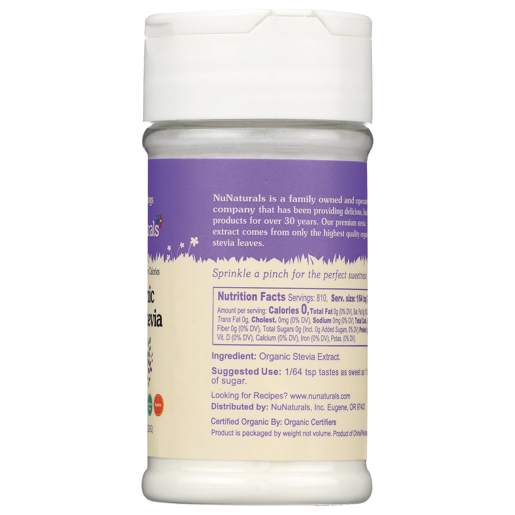NN061 | back label of NuNaturals Organic Stevia bottle showing nutrition facts, ingredient and suggested use - Thumbnail