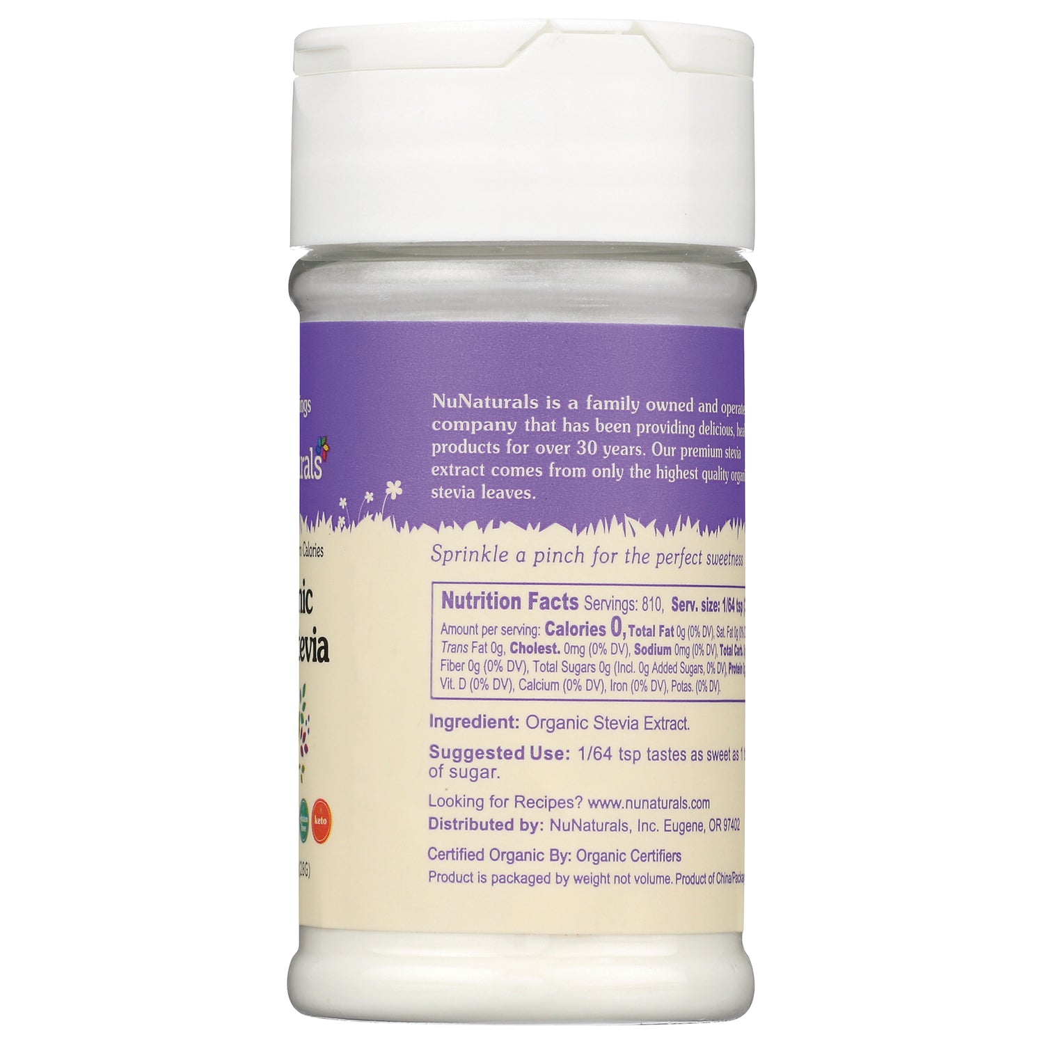 NN061 | back label of NuNaturals Organic Stevia bottle showing nutrition facts, ingredient and suggested use