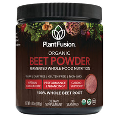 PFU032 | PlantFusion organic beet powder jar front label showing 100% whole beet root dietary supplement, 30 servings
