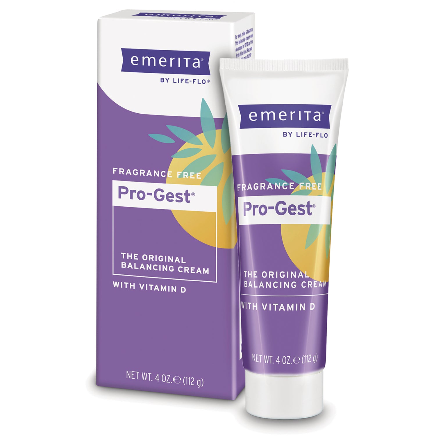 EMR029 | Emerita Pro-Gest fragrance free balancing cream tube with boxed packaging labeled with vitamin D, net wt 4 oz