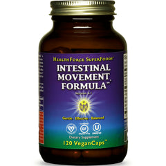 HFC002 | Brown supplement bottle labeled HealthForce SuperFoods Intestinal Movement Formula Version 6.1, 120 VeganCaps