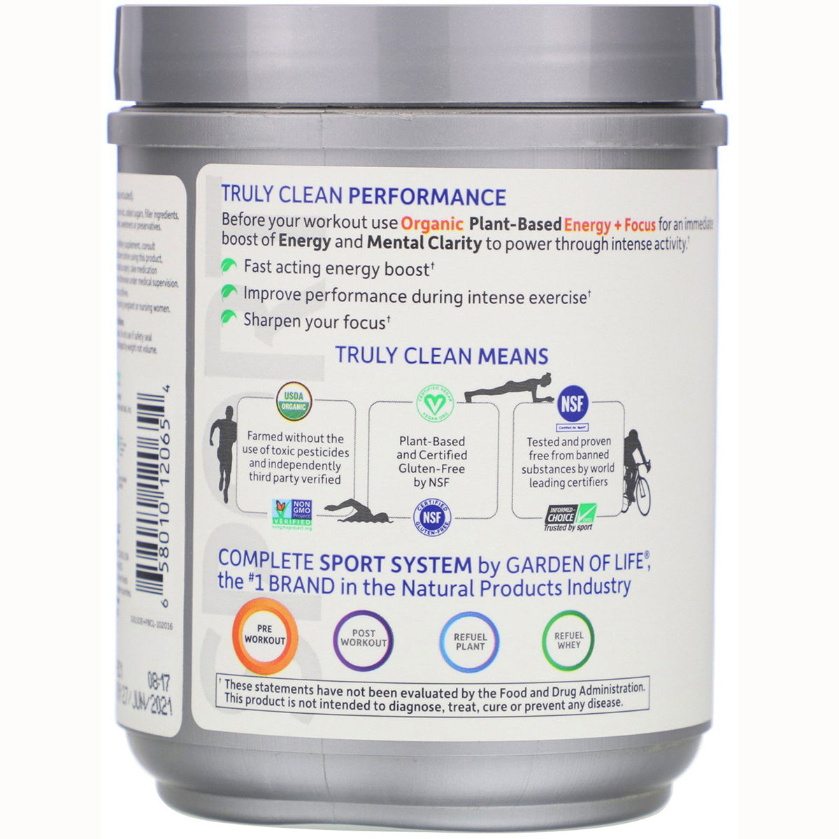 GLF232 | Back label of supplement jar showing TRULY CLEAN PERFORMANCE benefits, certifications, usage icons and barcode